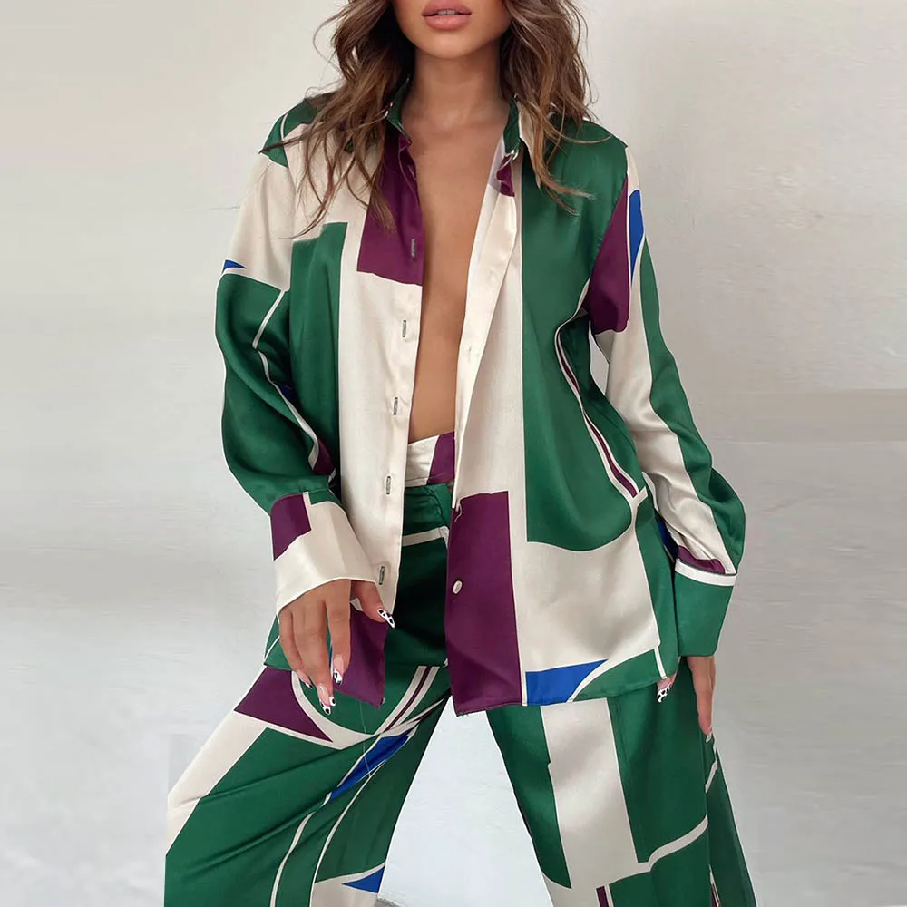 Two piece set women Fashion Single Button blouse +Print pants tracksuit Female Summer beach long sleeve Loose suit outfit set