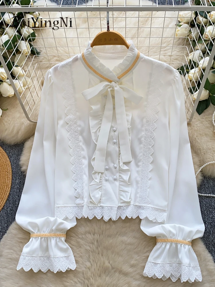Beiyingni Casual Nieuwe Mode Vrouwelijke Tops Luxe Kpop Boog Kant Patchwork Volledige Mouw Shirts voor Vrouwen Effen Herfst Franse Blusas