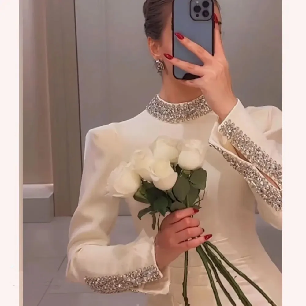 Romantic High Neck Mermaid Prom Dresses Long Sleeves Evening Dress With Ankle Length Side Slit Wedding Party Gowns For Women