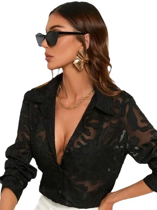 Mujer encaje ahuecado solapa irt Casual Sle largo Sve Flip Collar Top marca china Faion ropa Premium para mujer