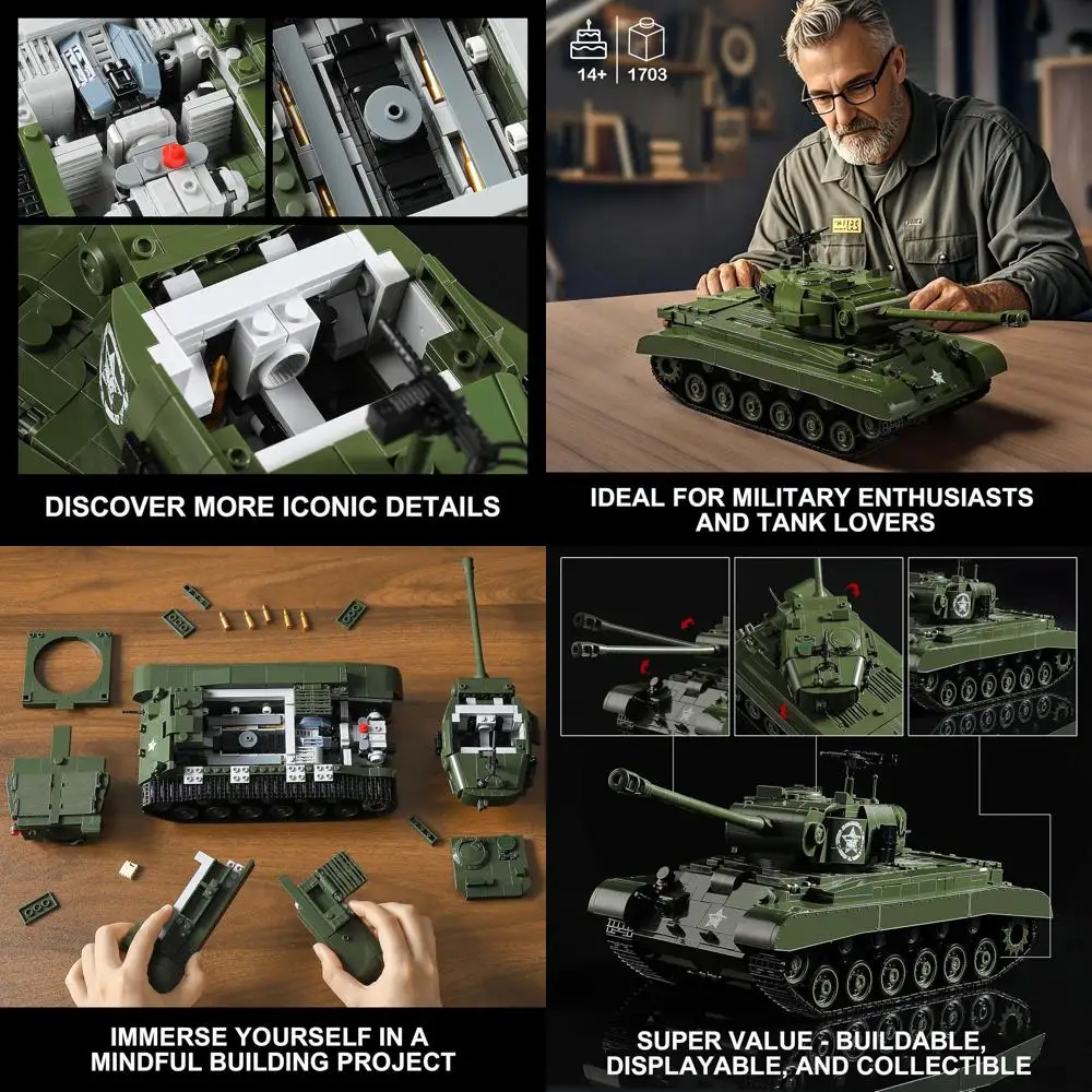 Set di blocchi di costruzione per carro armato Pershing M26 della Seconda Guerra Mondiale da 1703 pezzi per adulti, compatibile con LEGO, ideale da collezione per gli appassionati militari