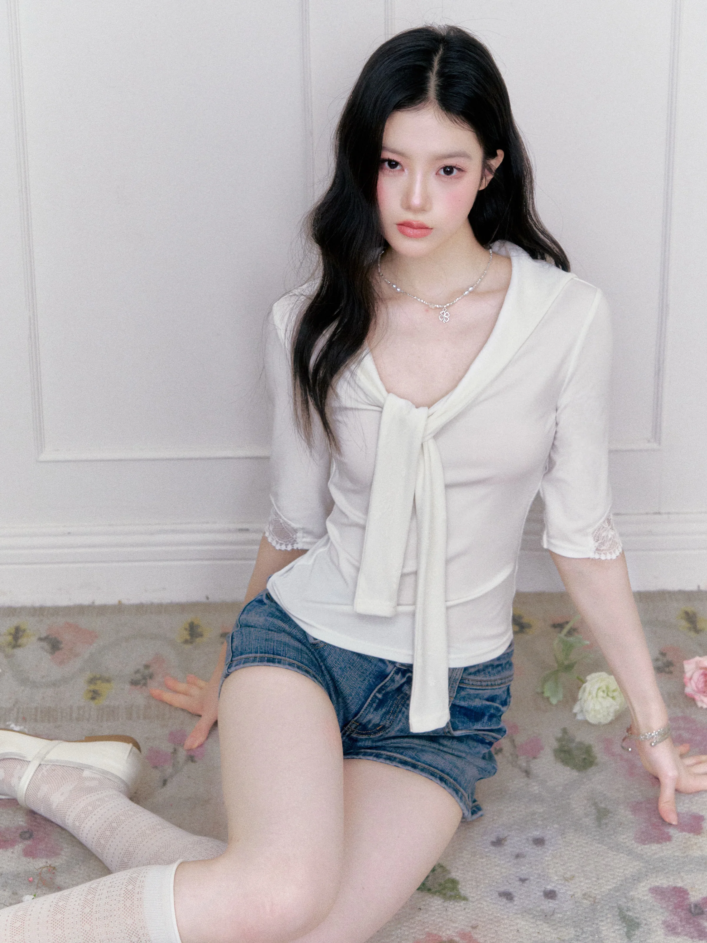 Fragile Heart Sweet Lace Tie Waist Slimming T-Shirt Glass Sugar Korean Style Bittergourd Shaped Top Soft Comfortable Summer Tee