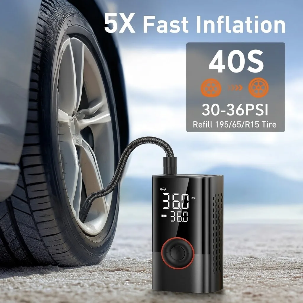 LEIBOO Compresor de Aire Portátil de 150 PSI, Bomba de Aire Inalámbrica, Inflador de Neumáticos Eléctrico, Manómetro Digital, para Coche, Bicicleta, Motocicleta y Balones