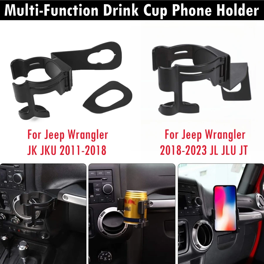 Multifunktions-Getränkebecher-Telefonhalter für 2011–2023 Jeep Wrangler JK JKU JL JLU JT 2-in-1 angeschraubte Ständerhalterung Organizer