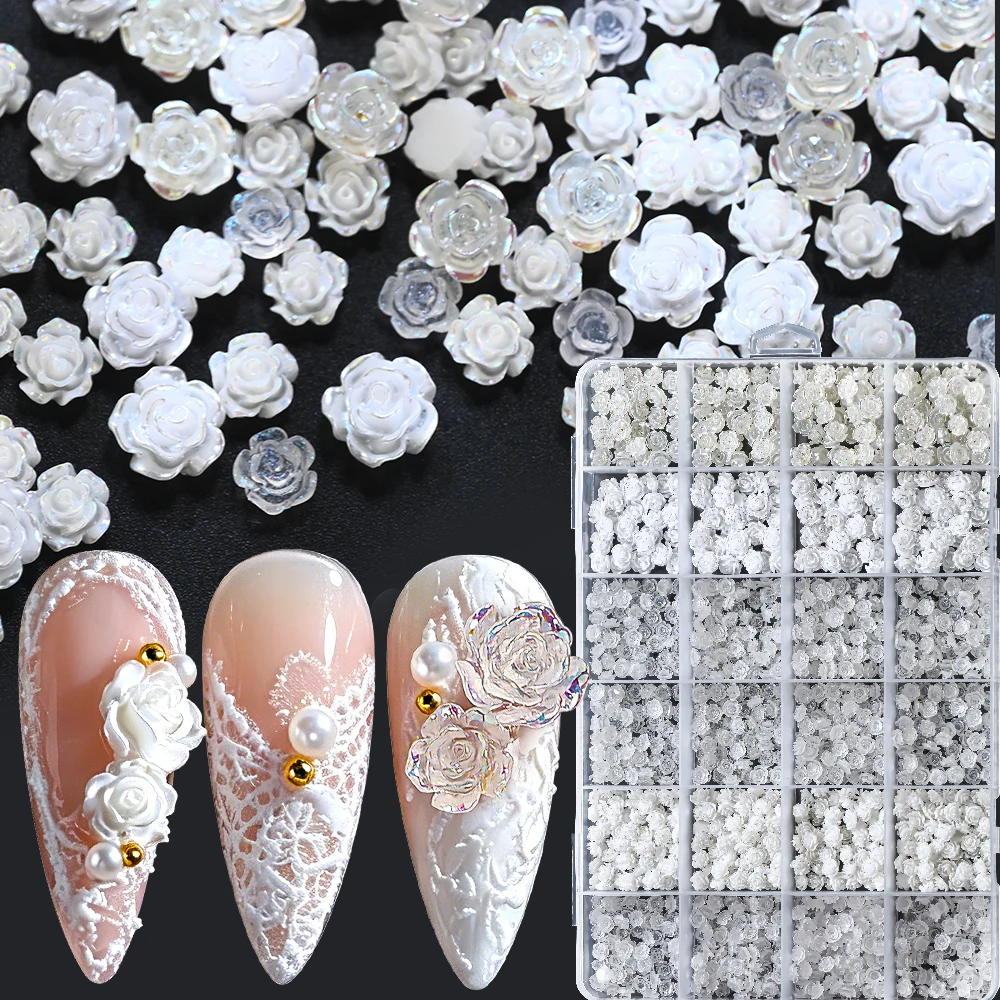 24Grids Mixed White Rose Nail Charms Set 3D Transparent White Camellia Flower Sexy Rhinestones For Nail Art DIY Crafts Manicure