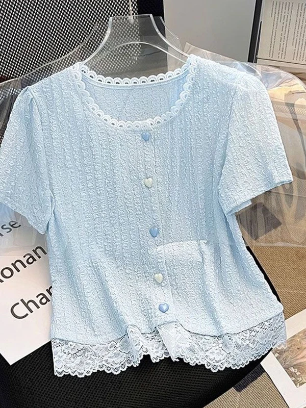 

French Sle Slim Fit ort Sve T-irt Women's Summer New Lace Trim Patchwork Outdoor Wear Single Button ort Length Top