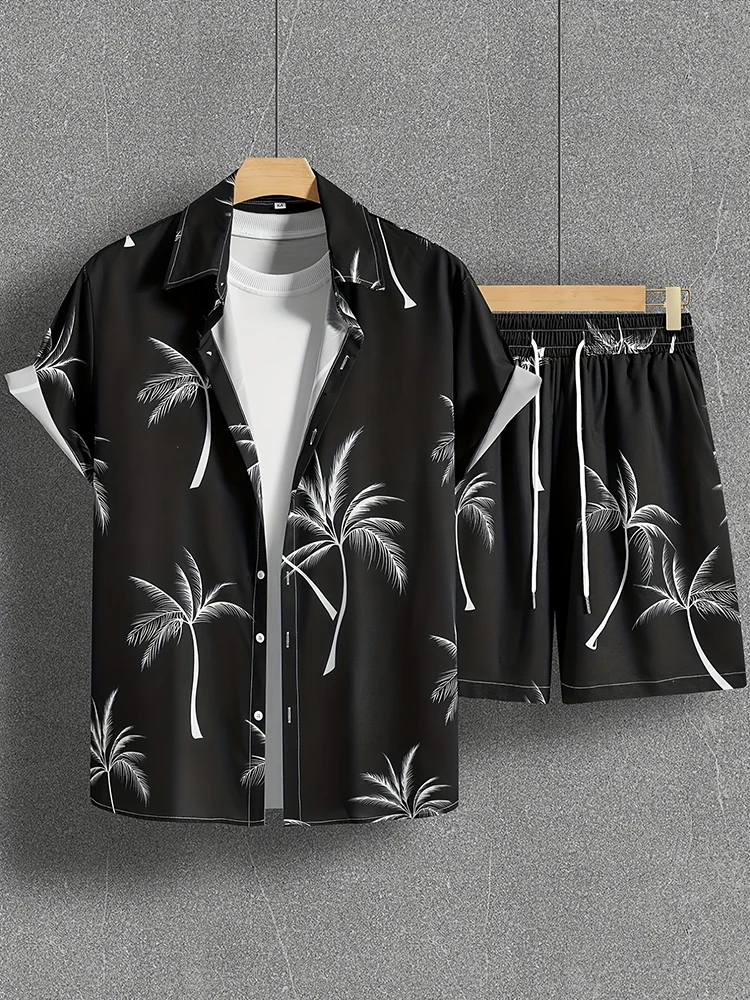 Vacation Casual Short-sleeved Shirt And Shorts Set Summer Men's White Shirt Set Palm Print Hawaiian Style Shirt Beach Pants Set