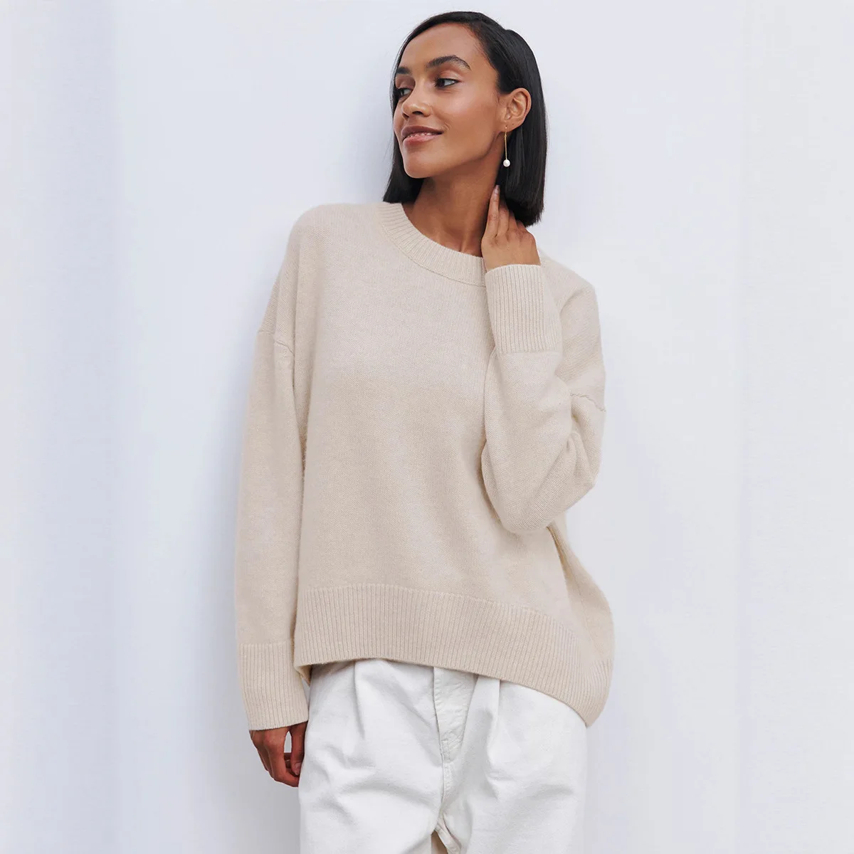 

Minimalist Loose Women's Autumn Knitwear Round Neck Ribbed Hem Spliced Coat For Lady Elegant Chic High Street Female's Sweater