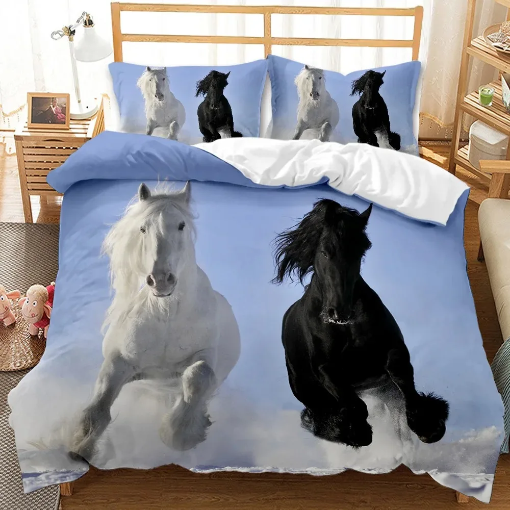 Horse Bedding Set Queen Size,Pony Decorative 23pcs Bedding Set Horse Freedom Runs Gallop Farm Print Soft Polyester Duvet Cover