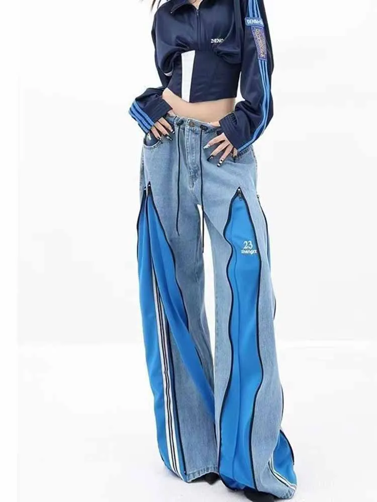 

American Vintage Patchwork Color Contrast Jeans Women's Fall 2025 New Zip Wide Leg Pants Floor Pants