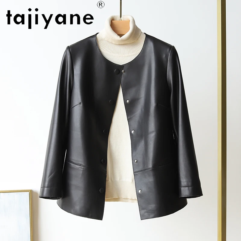 Tajiyane 2024 New Fashion Spring and Autumn Genuine Leather Jacket for Women Chic Round Neck 100% Real Sheepskin Coat Loose Wear