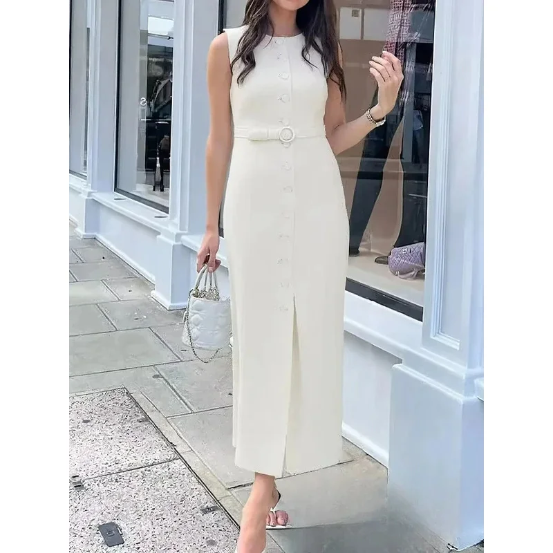 

Elegant Belt Sleeveless Long Dress Women O-neck Single-breasted Split Slim Fashion Office Lady Commuter Dress 2026 Spring Summer