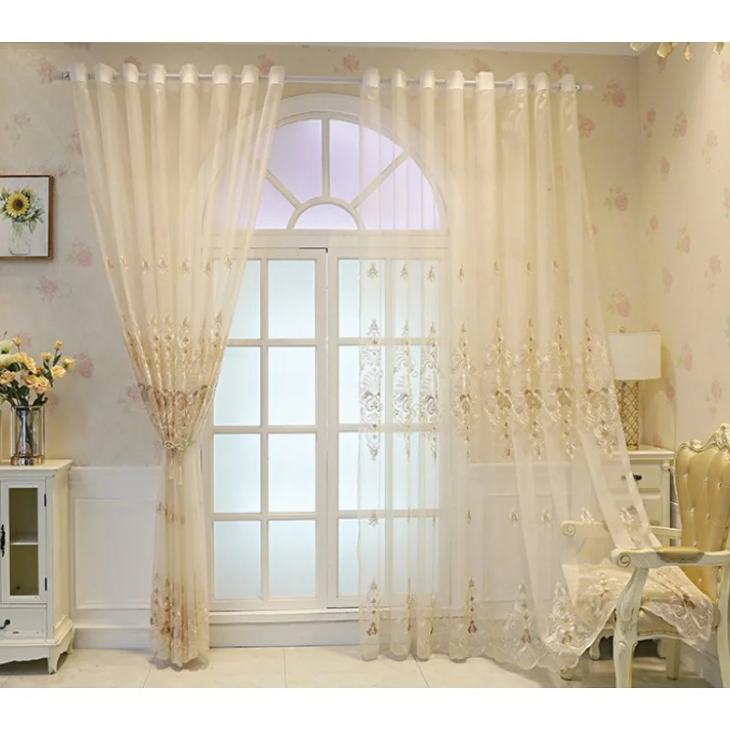 European High-end Atmospheric Beige Embroidery Four Seasons Gauze Curtains Living Room Bedroom Balcony Curtains
