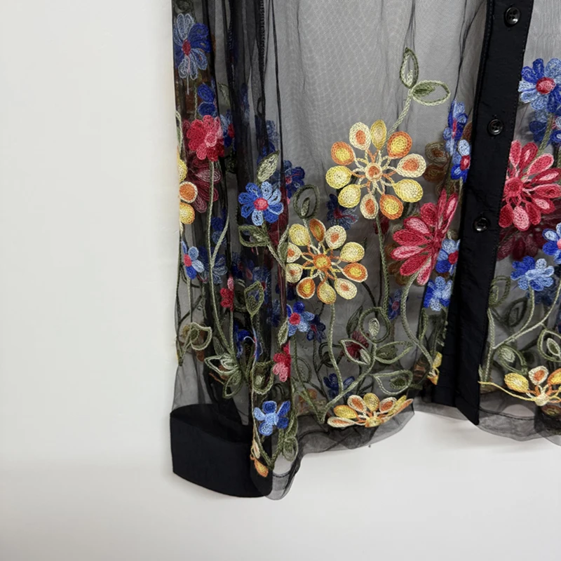 PFHQ بقماش شفاف قمصان الذكور الملونة زهرة التطريز تصميم تنوعا الطبقات شخصية طويلة الأكمام قميص رجالي المد 21E7201