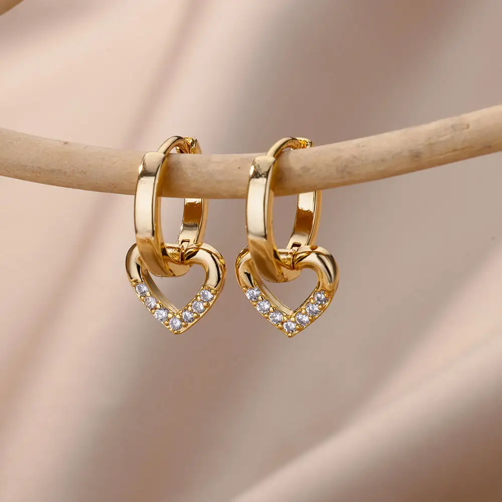 Stainless Steel Heart Earrings For Women Gold Color Fashion Zircon Love Heart Drop Earring Wedding Aesthetic Jewelry Gift 2023