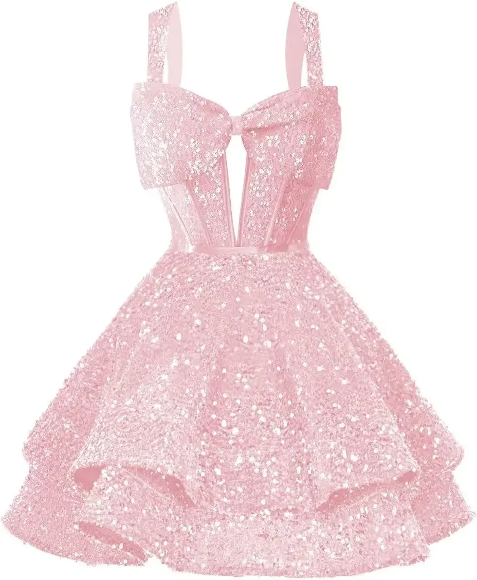 

Sparkly Sequin Bow Homecoming Dresses for Teens Spaghetti Straps Mini Prom Cocktail Dress Evening Dresses Graduation Dress