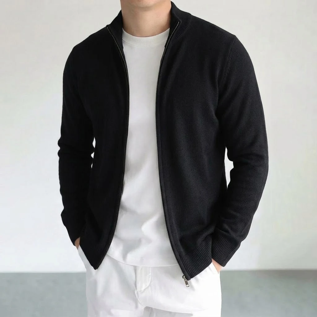 New Men's Zip Knit Cardigan Coats Stand Collar Casual Sweater Solid Color Long Sleeve Jacket Slim Fit Thermal Outerwear Sweaters