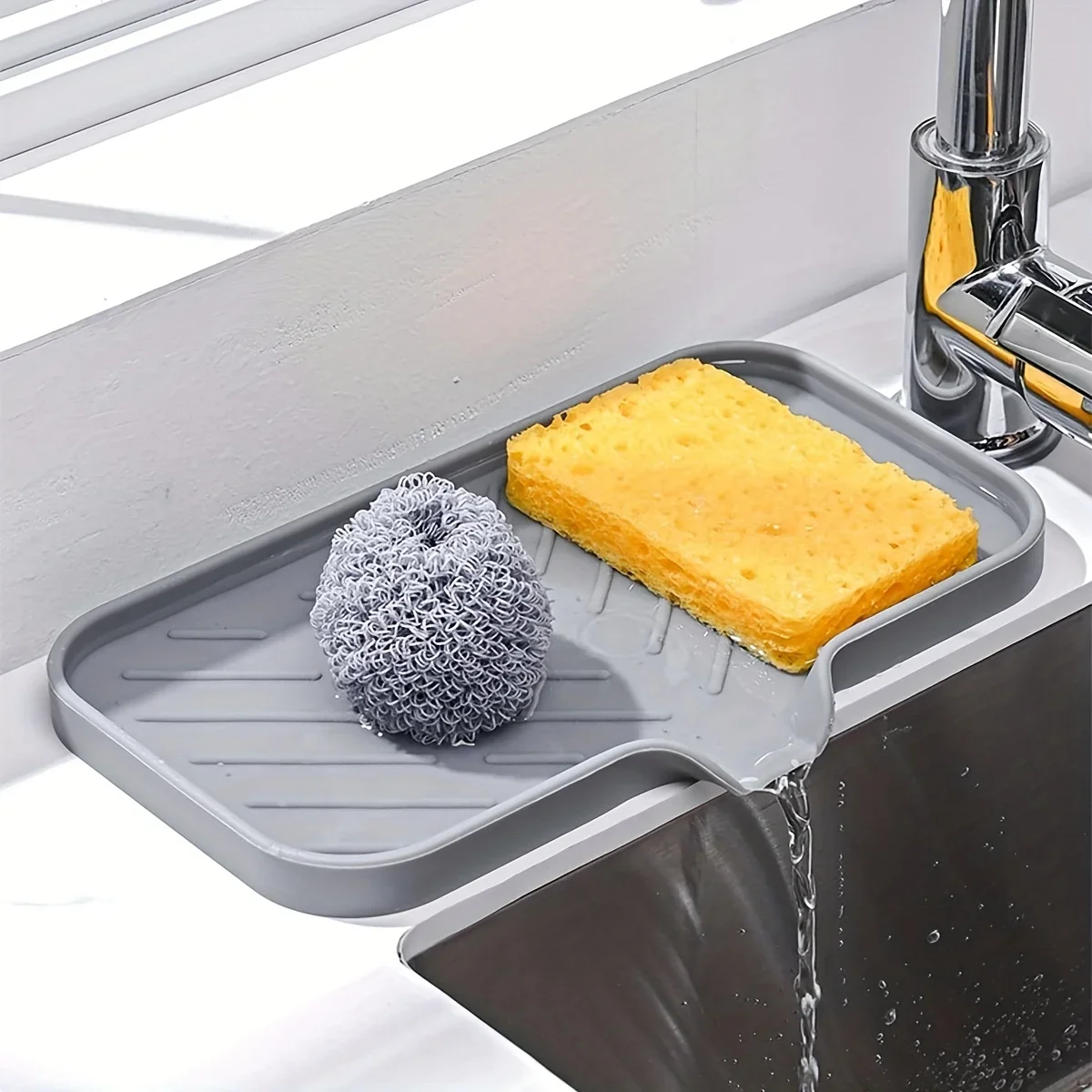 

Kitchen Organizer Sink Silicone Tray with Drain Soap Sponge Storage Holder Countertop Scrubber Brush Soap Rack Durable