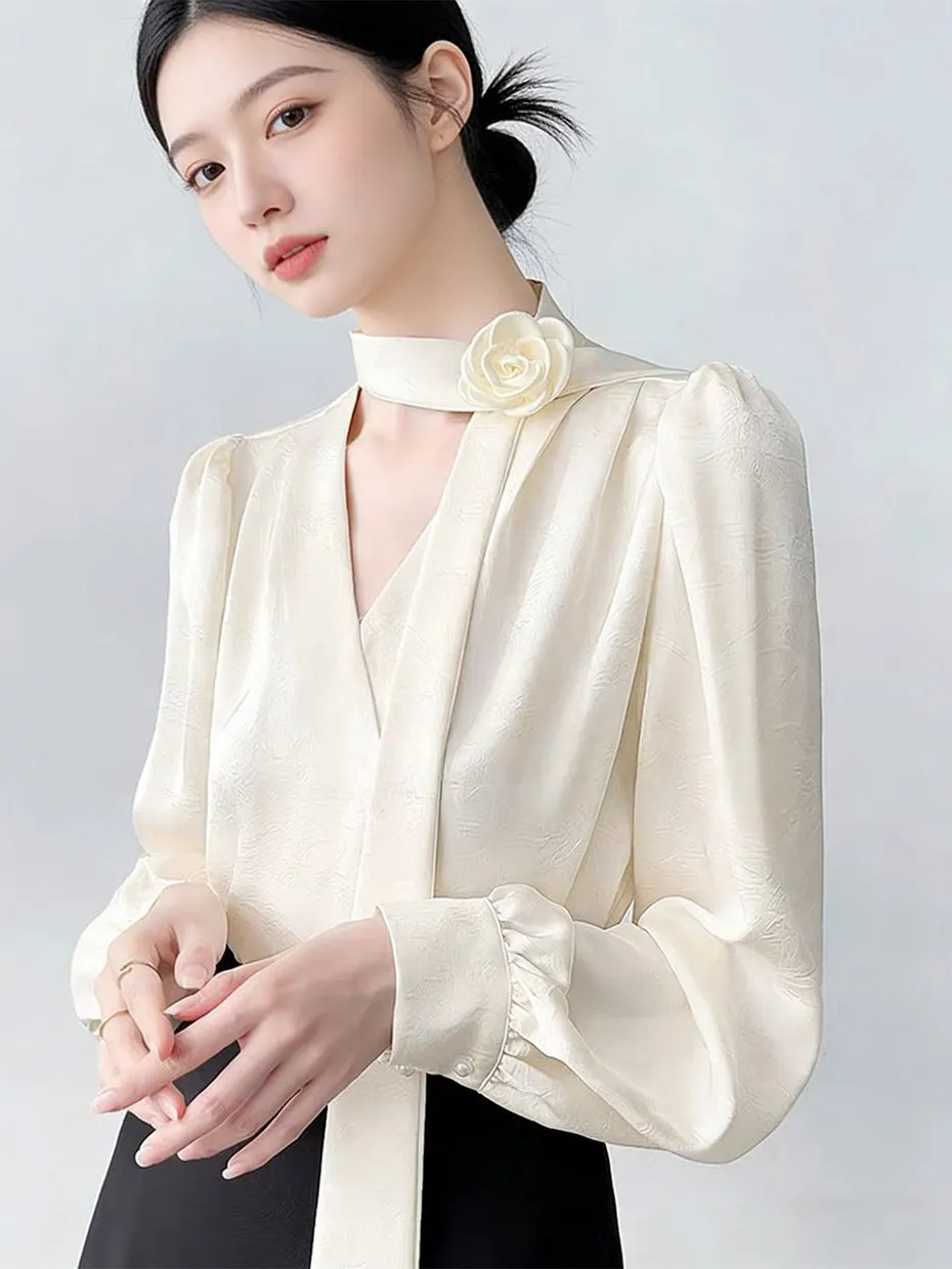 

Женская блузка с V-образным вырезом и поясом, профессиональная, для офиса, весенняя мода, новый стиль, приталенная, с длинным рукавом, из полиэфирного волокна, повседневная одежда