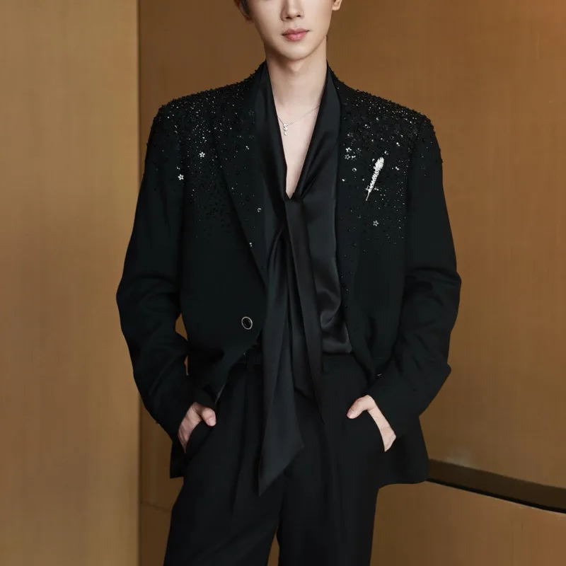 WVGA Spring Autumn New Man Heavy Starry Sky Diamond Trendy Blazer Niche Chic Casual Straight Suit Pants Two Piece Set Ins W15264