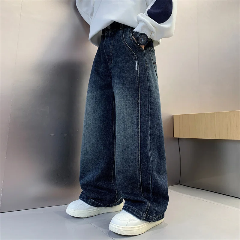 New Teenagers Boys Jeans Children Wide Leg Denim Pants for Kids Loose Pockets Trousers Spring Autumn 4 6 8 10 11 12 13 14 Years