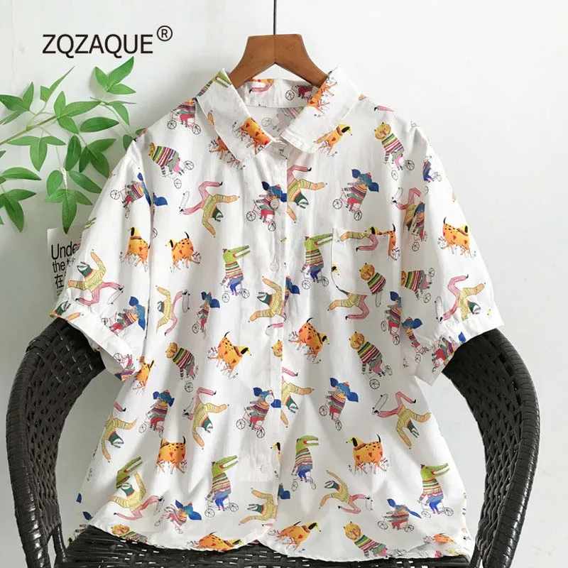 

Summer New Japan Style Cartoon Printing Shirt for Women Fashion Casual Colorful Pattern Cotton Tops S140