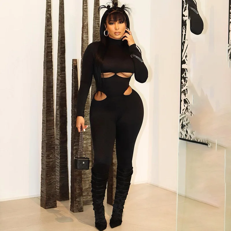 Sexy Hollow Out Black Jumpsuit for Women Fall Winter Long Sleeve Pencil Pants Skinny Clubwear Romper Casual Sporty One-piece