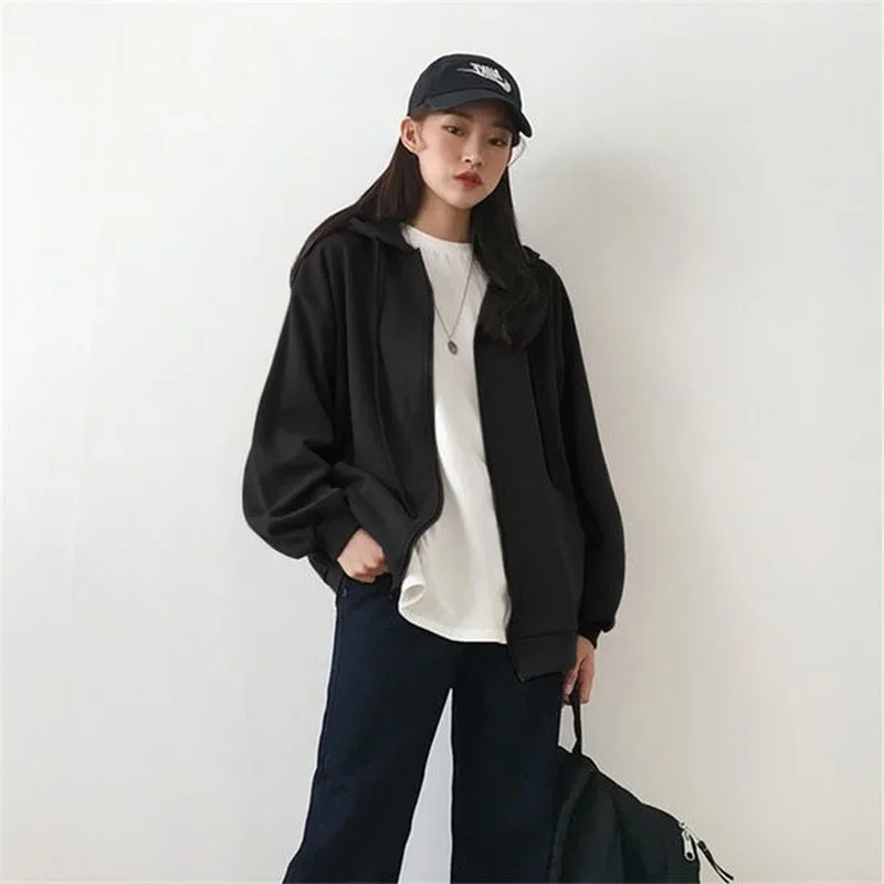 Oversize Hoodies Women Brown Zip Up Sweatshirt Summer Jacket Clothes Plus Size Vintage Pockets Long Sleeve Pullovers Women