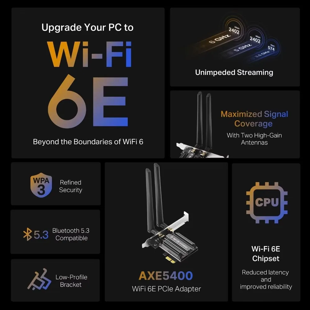 AXE5400 WiFi6E PCIE Wireless Network Card BT5.3 Tri Band 2.4G 5G 6GHz 802.11AX PCIe WiFi Adapter For Desktop PC Windows 10 11