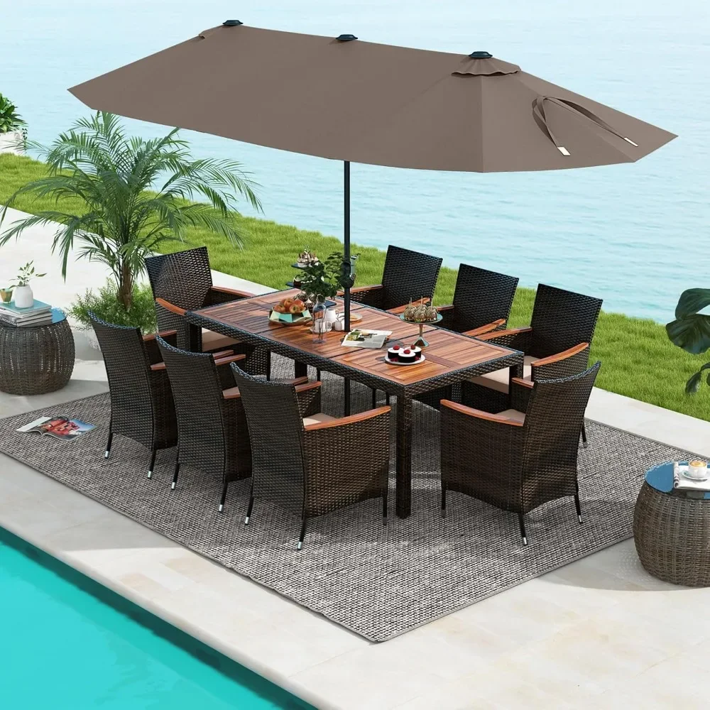 

11 Pieces Patio Dining Set with 15ft Double-Sided LED Patio Umbrella and 8 Stackable Chairs, Outdoor Rattan Furniture Set