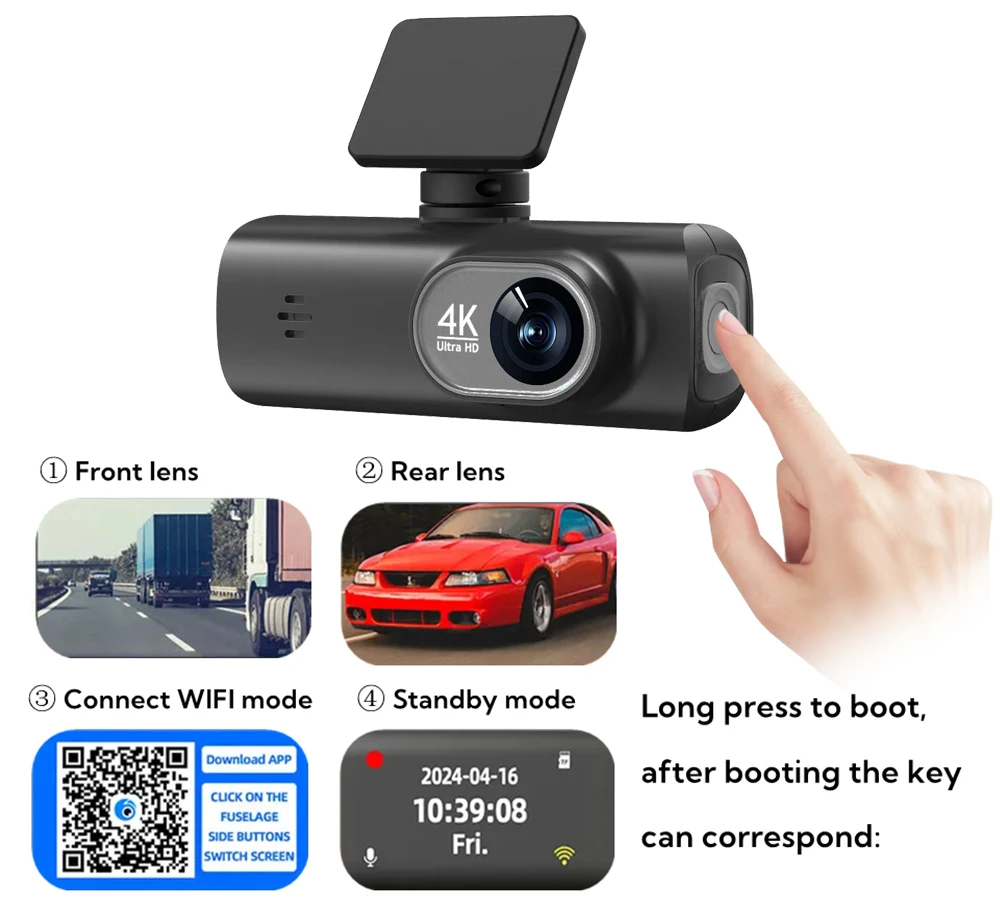 UHD 4K traço Cam Dual Lens gravador de condução, carro DVR, 1080P, câmera de lente traseira, built-in WiFi, GPS, monitoramento de estacionamento 24