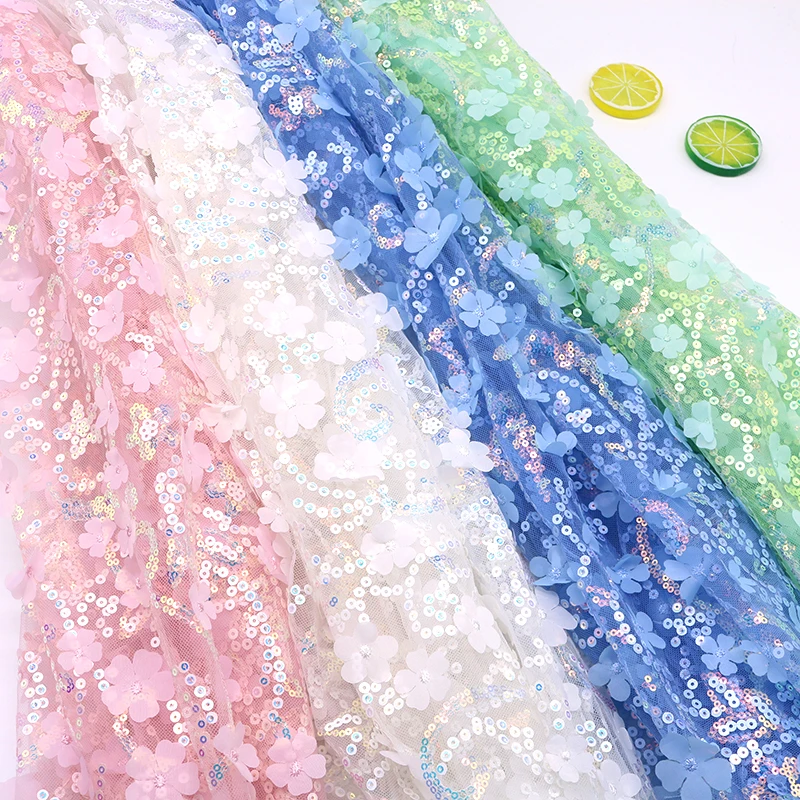 Flower Sequined Embroidery Mesh Lace, 3D Three-Dimensional Children Clothing, Wedding Dress Decoration, Skirt Fabric, 130cm, 1Ya