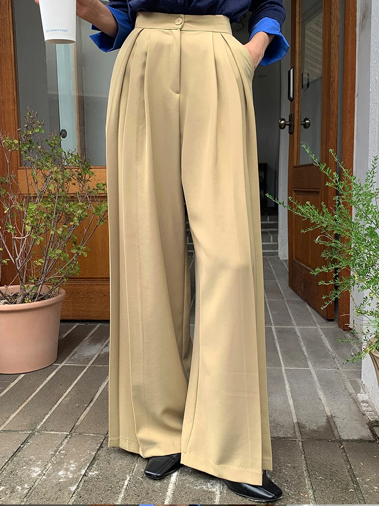 

Stylish Office Ladies Khaki Pants Female 2025 New High Waist Wide Leg Pocket Trousers Pleated Pants Women Workwear Grey Pants