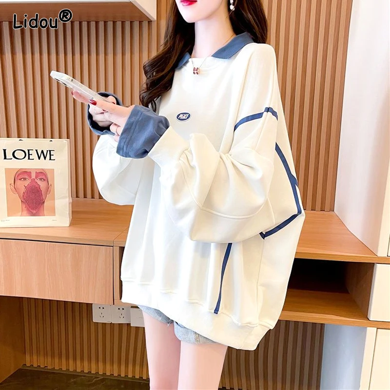 2023 New Spring and Autumn European Edition Loose Oversize Street Style Polo Collar Color Block Fabric Fake Two Piece Sweater