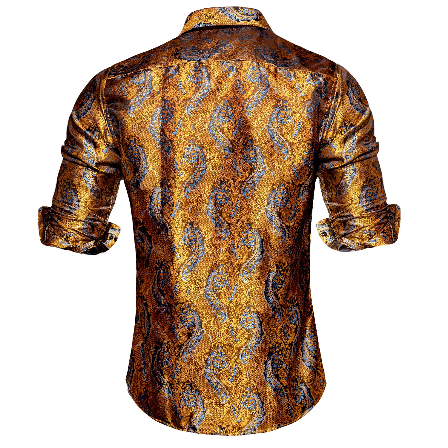 Hi-Tie Fashion Mens Silk Shirts Long Sleeve Gold Blue Paisley Jacquard Lapel Shirt Casual Formal Wedding Business Party Gifts