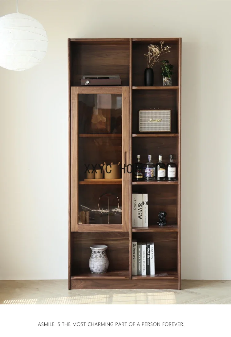 Black Walnut Solid Wood Bookcase Bookshelf Floor Modern Simplicity with American Style Glass Door Storage with