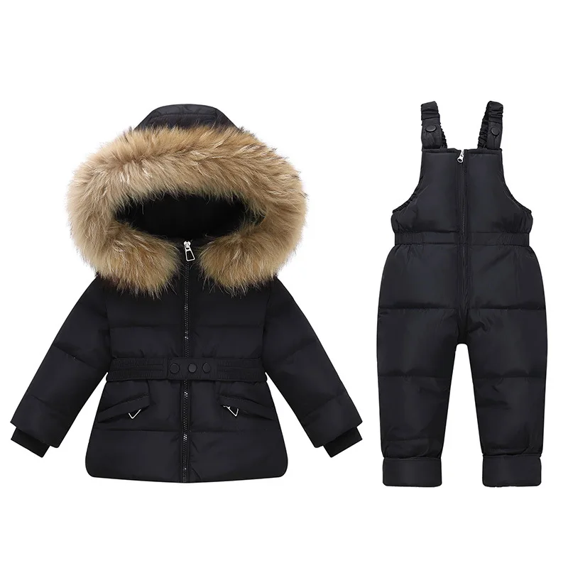 

OLEKID 2025 Winter Children Girls 2pcs Clothes Set Real Fur Girls Down Jacket Baby Girl Jumpsuit Kids Overalls Outerwear Coat
