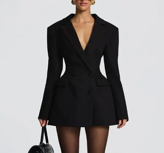 

Women Dresses 2026 Spring New Solid Color Notched Collar Long Sleeve Double-Breasted Elegant Cinched Waist Blazer Dress