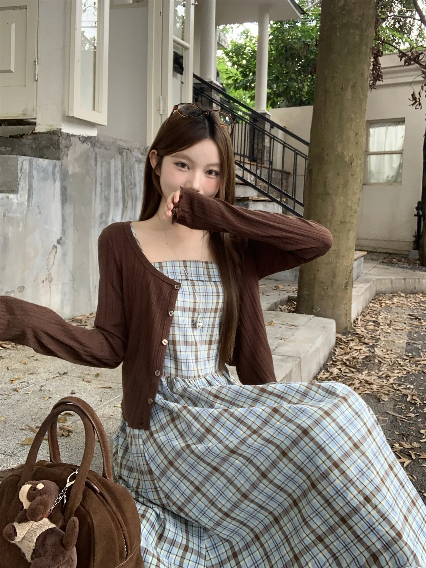 

Kumikumi Short Knitted Open Cardigan Set Women's Spring Inner Plaid Dress Two-Piece Set Fashionable Commute Style Women's Ens...