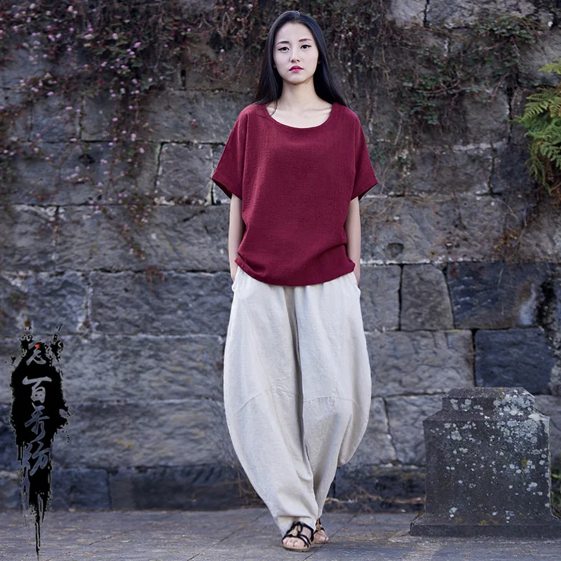 

Spring Summer Cotton and Linen Women's New Lantern Casual Pants Retro Elastic Waist Pocket Soft Baggy Pants Trousers Solid Color