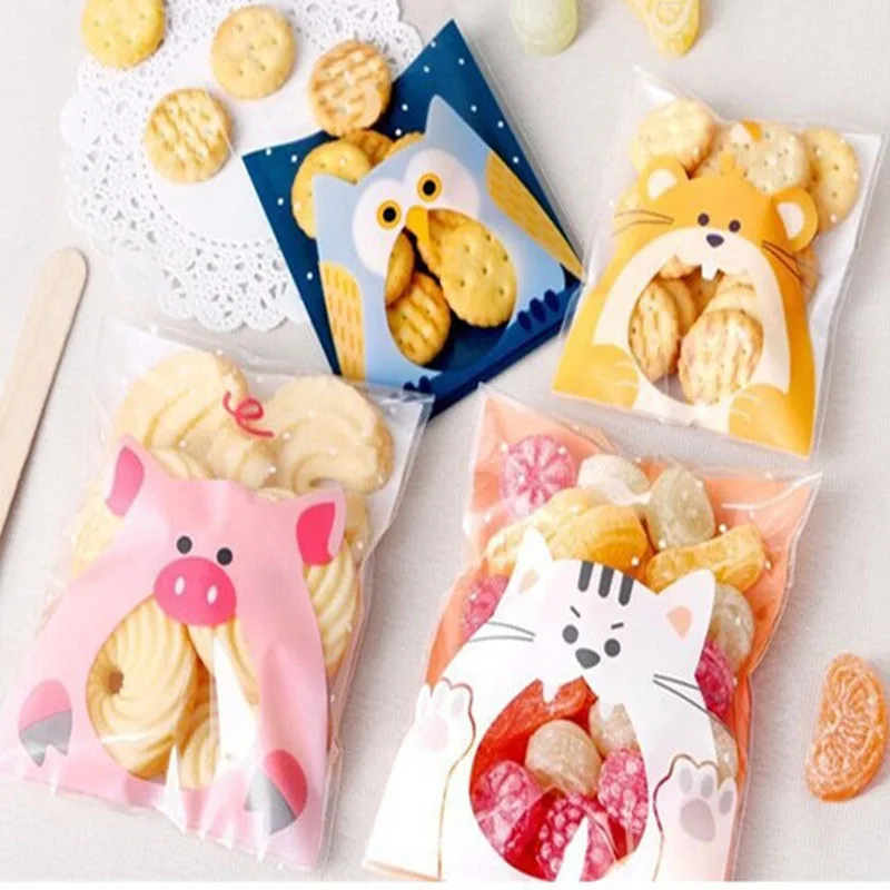 50pcs 7*7cm Cute Cartoon Animals Candy Bags Self-Adhesive Plastic Gift Bag for Wedding Birthday Party Biscuits Baking Packaging