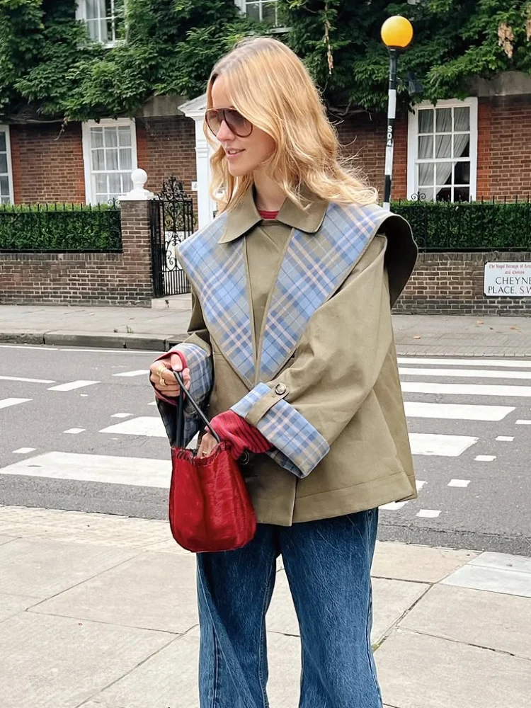 

Casual Plaid Embroidery Reversible Trench Coat Women Single Breasted Pocket Long Sleeve Jacket 2025 Autumn Lady Streetwear