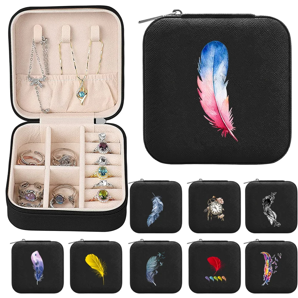 

Square Jewelry Box Women's Jewel Storage Boxes with Zipper PU Leather Waterproof Jewels Organizer Case Device Feather Series