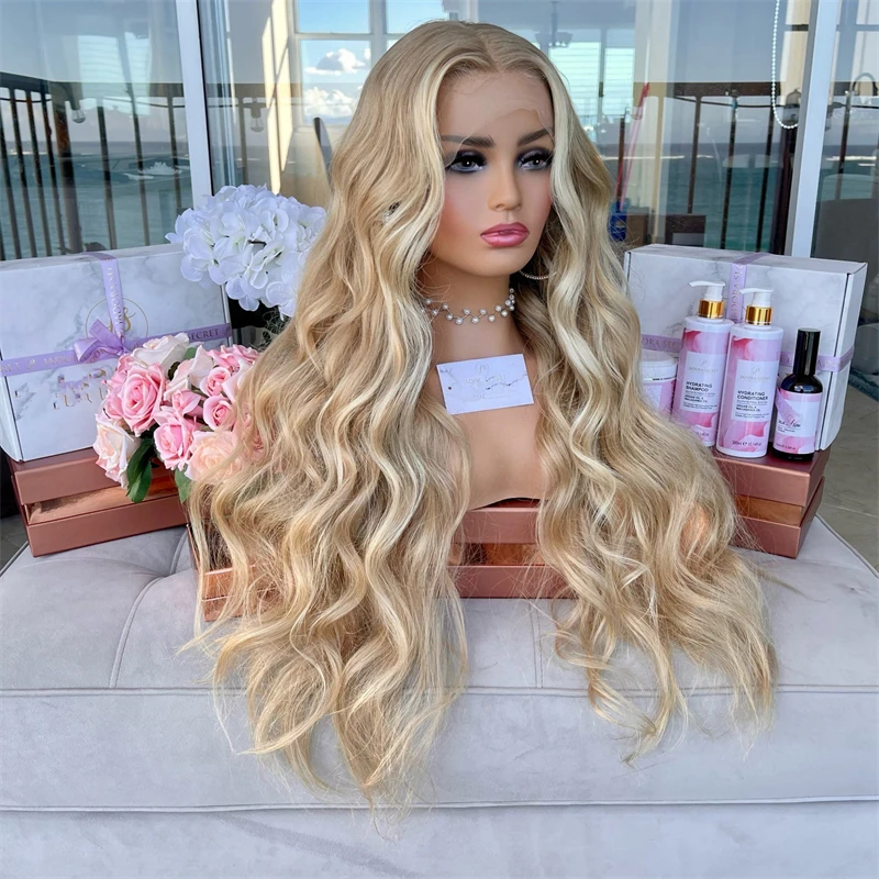 프리미엄 고내열 컬 롱 발레야쥬 가발 브라운 금발 물 물결 모양의 여성 가발 합성 레이스 프론트 가발 코스프레