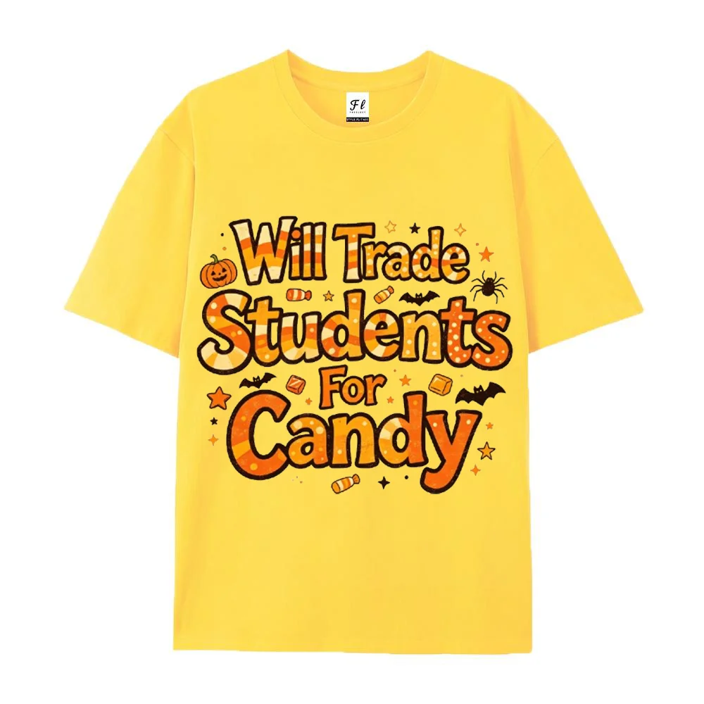 Men Women Halloween T Shirt Will Trade Students For Candy Graphic Short Sleeve Casual Party Tee Funny Pumpkin Candy Top