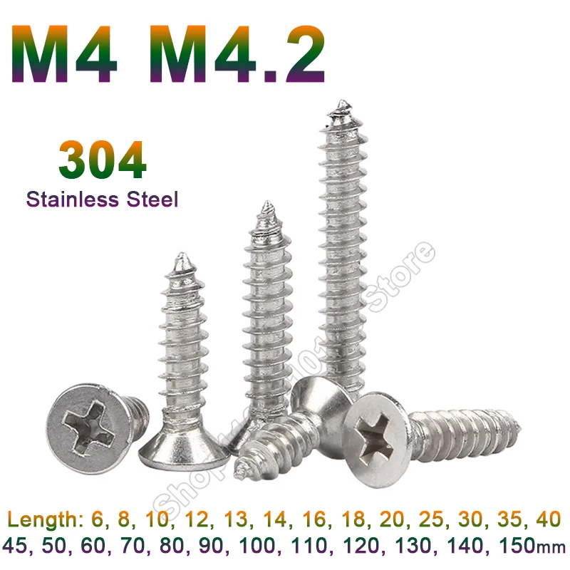 DIN7050 Cross Recessed Countersunk Flat Head Self-tapping Screw M4 M4.2 Stainless Steel Phillips Furniture Screws Length 6-150mm