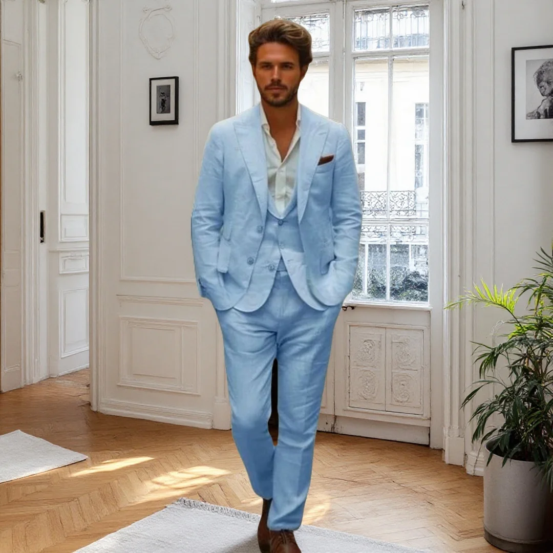 

Костюм Homme, льняные мужские костюмы из трех предметов, повседневные повседневные облегающие смокинги для жениха, свадебной вечеринки, летний пляжный мужской костюм terno masculino