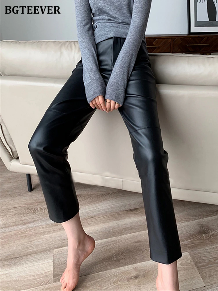 BGTEEVER Fashion Loose Pockets Women PU Leather Trousers High Waist Single Button Ladies Straight Pants Spring Autumn