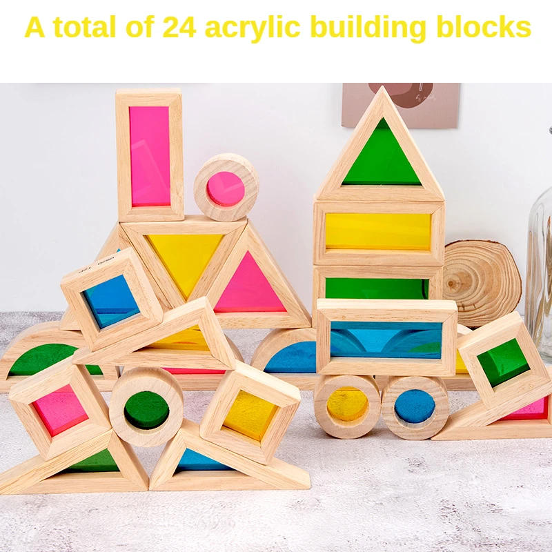 Acrylic Lens Rainbow Kaleidoscope Building Blocks Baby Early Educational Wooden Toys for Children Shape Cognitive Learning Toy