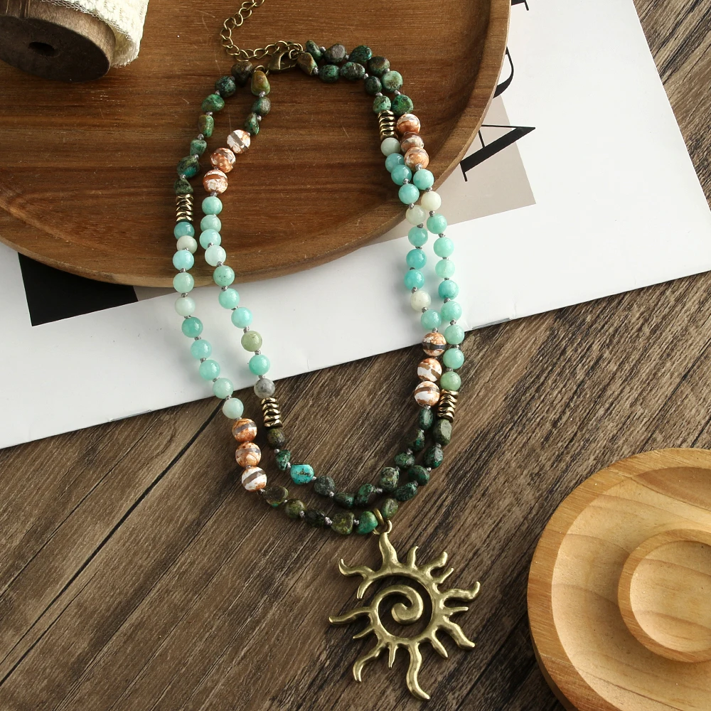 RH fashion vintage bohemian 2 layer necklace natural stone hematite knotted necklace Sun God Totem Pendant neckalce